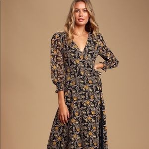 Lulu’s | Meet Me There Black Multi Floral Print Wrap Maxi Dress